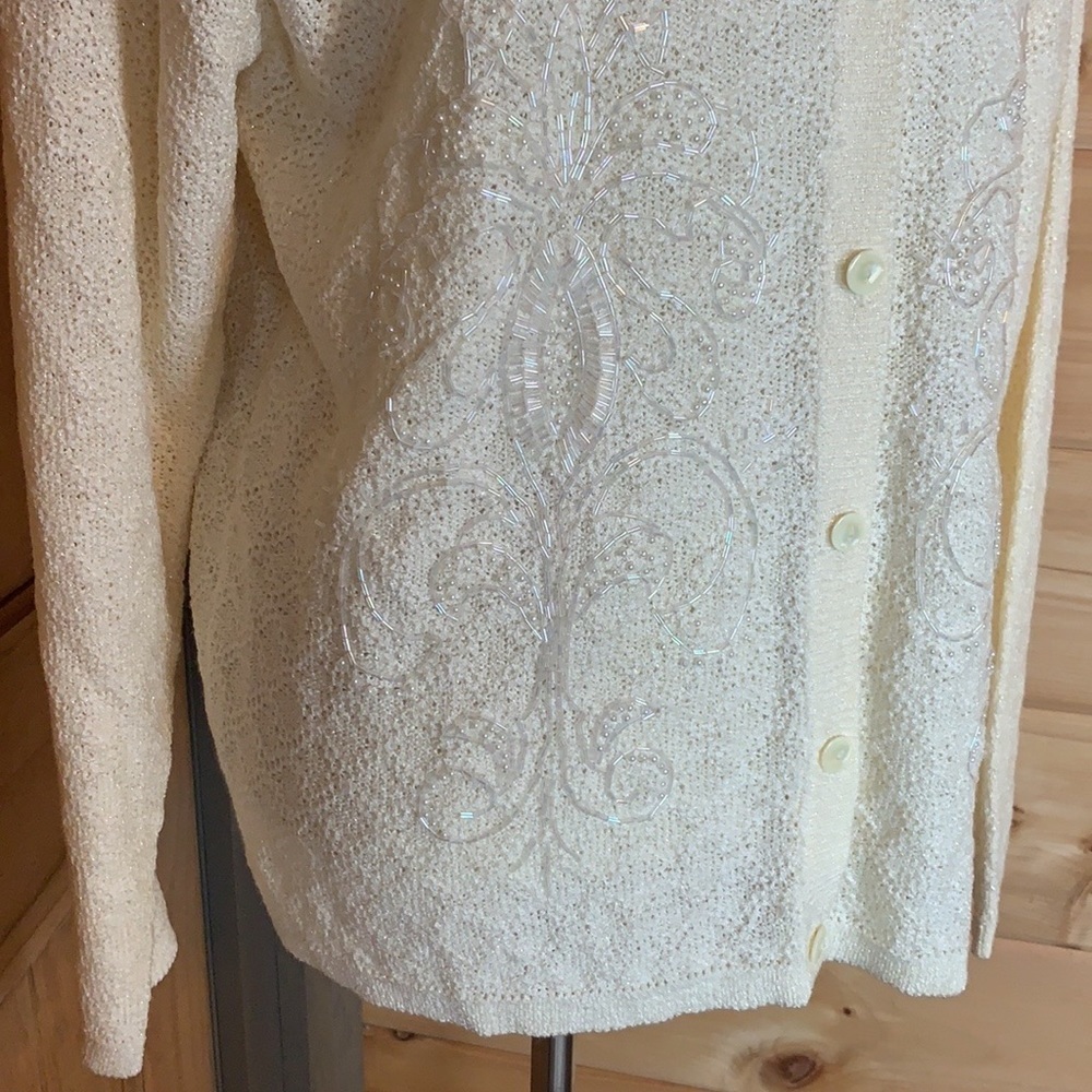 Vintage Alfred Dunner cream cardigan sweater with beads and tiny pearls Large - Picture 8 of 11